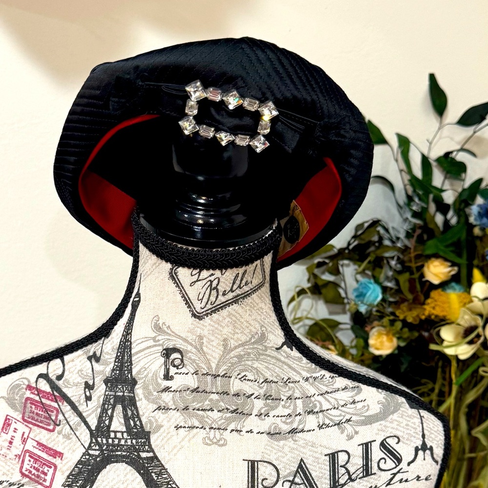 Duby Hats New York Vintage Black W/ Red lining Beret style Hat Rhinestone Buckle